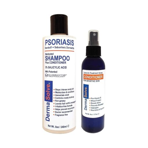 Psoriasis Shampoo and Leave-In Styling Spray Conditioner ( Combo Pack ) | Detangler for Sensitive Skin, Soothing Anti Dandruff, De-Flake, Dry Scalp Treatment for Seborrheic Dermatitis & Damaged Hair