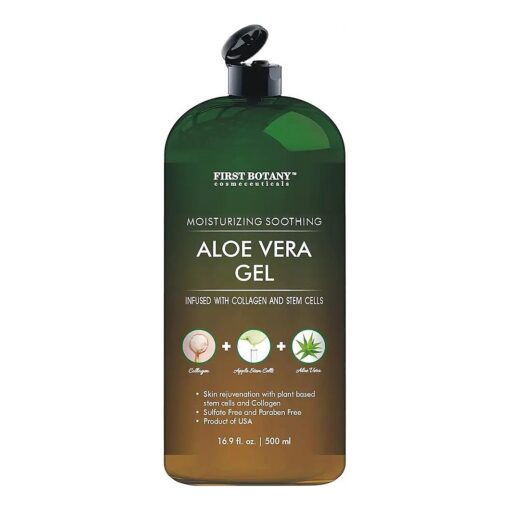 Pure Aloe vera gel 100 % Fresh Pure Aloe Infused with Stem Cells, Collagen Tea Tree Oil Natural Raw Moisturizer for Face Skin Body Hair Perfect for Sunburn, Acne, Razor Bumps 16.9 fl oz