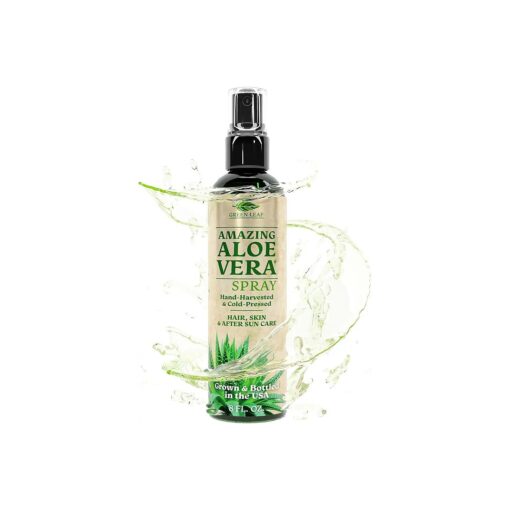 Green Leaf Aloe Vera Spray 99 % Pure Cold-Pressed Aloe Vera Juice, for Hair, Skin & Face Moisturizer, Fast Absorption After Sun Care, Sunburn Relief & Solar Recovery Spray| 8oz |Aloevera Body Spray