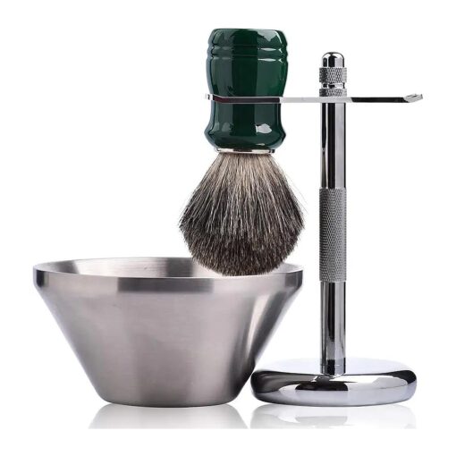 Je & Co Shaving Set, Pure badger Hair Shaving Brush with Steel Stand and Steel Bowl