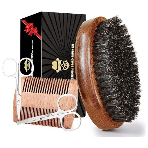 Boar Bristle Beard Brush for Men, Beards and Mustaches Grooming Set Including 100 % Pure Boar Bristle Beard Brush, Beard Comb, 2 Pcs Mustache Scissors, and Travel Bag