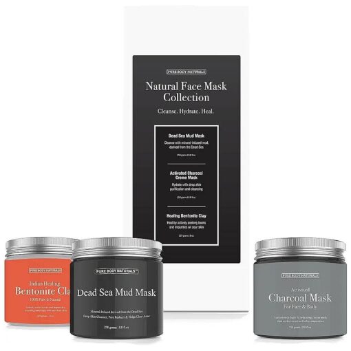 Pure Body Naturals Face Mask Gift Set - includes Natural Mud Mask, Clay Mask and Charcoal Face Mask - Facial Self Care Gift for Women, Mother, Wife ( 3 Jars, 8.8 oz, Each )