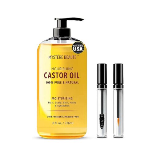 Cold Pressed Castor Oil for Hair and Skin - 100 % Pure and Natural Castor Oil for Hair Growth, Skin Hydration & Nourishing Nails & Eyelashes - w/Mascara Wand & Liner Brush - 8 fl oz