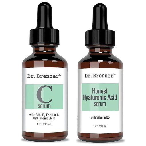 Vitamin C Serum 20 % Pure L-Ascorbic Acid, Ferulic Acid, Vitamin E and HA and Hyaluronic Acid Serum with Vitamin B5 for Face and Eyes Natural Anti Aging Anti Wrinkle Set of 2 by Dr. Brenner