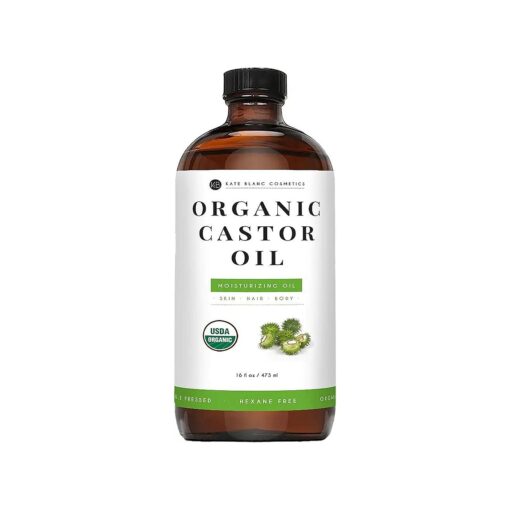 Kate Blanc Cosmetics Castor Oil Organic for Hair Growth & Body ( 16oz ), 100 % Pure Cold-Pressed, Hexane-Free Unrefined in Glass Bottle