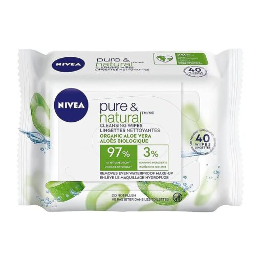 NIVEA Biodegradable Pure & Natural Face Cleansing & Makeup Removing Wipes, 40 Wipes