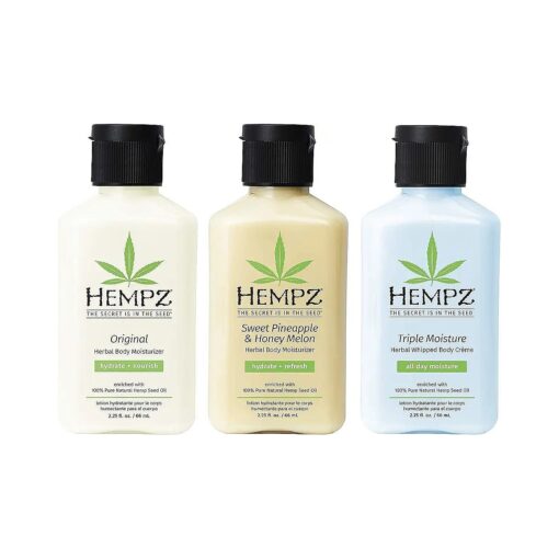 Hempz Original, Sweet Pineapple & Honey Melon, and Triple Moisture Travel Size Moisturizers, Pure, Natural & Herbal Hemp Seed Lotion for Dryness, 2.25oz, 3-Pack Bundle