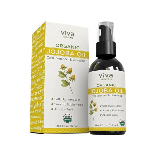 Viva Naturals Organic Jojoba Oil - 100 % Pure Cold Pressed for Skin and Hair, USDA Certified Face Moisturizer, 4 fl, oz