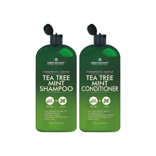 Tea Tree Mint Shampoo and Conditioner - Pure Tea Tree Oil & Peppermint Oil - Fights Hair Loss, Promotes Hair Growth, Fights Dandruff, Lice & Itchy Scalp - for Men and Women Sulfate Free - 16 fl oz x 2