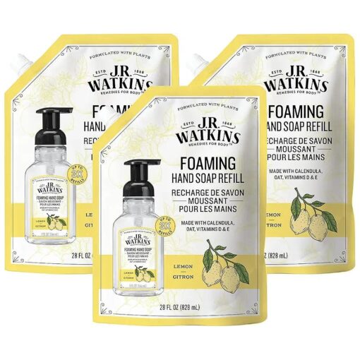 J.R. Watkins Foaming Hand Soap Refill, Moisturizing Foam Hand Wash, All Natural, Alcohol-Free, Cruelty-Free, USA Made, Lemon, 28 fl oz, 3 Pack