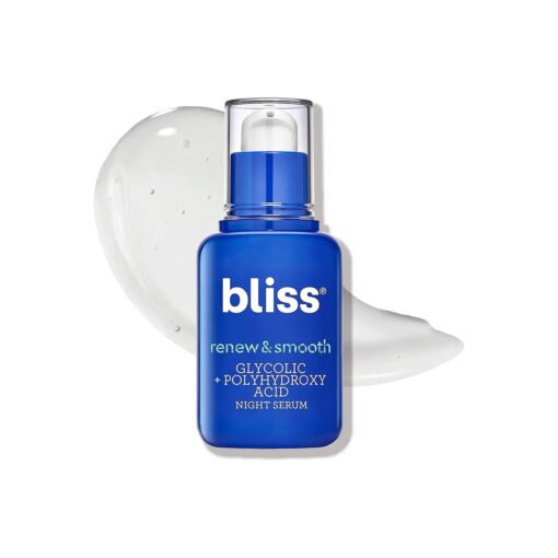 Bliss Renew & Smooth Night Serum- AHA Glycolic + Polyhydroxy Acid - Gently Removes Dead Skin Cells- Transforms Dull Dry Skin- For Hydrating Radiant Glowing Skin - Vegan & Cruelty-Free - 1 Fl Oz