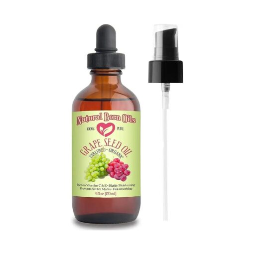 Natural Born Oils Grape Seed Oil, 4oz, 100 % Pure and Natural, Cold-pressed, Organic, Moisturizer for Skin and Hair