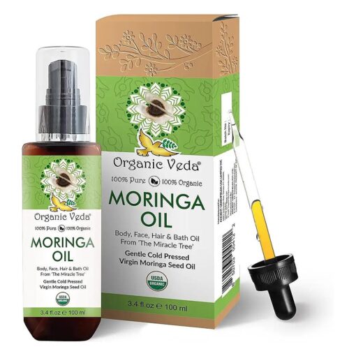 Organic Veda Moringa Oil - USDA Cold Pressed Virgin Moringa Seed Oil - 100 % Pure Moringa Skin Care Oil Moisturizer for Face, Nails, Foot, Body & Hair - Unrefined, Vegan & Gluten Free - 3.4 fl oz