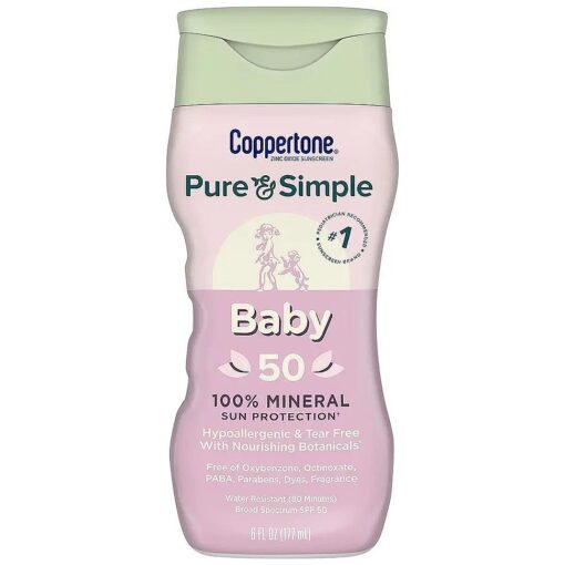 Pure and Simple Baby Sunscreen SPF 50 Lotion, Zinc Oxide Mineral Sunscreen for Babies, Tear Free, Water Resistant, Broad Spectrum SPF 50 Sunscreen, 6 Fl Oz Bottle