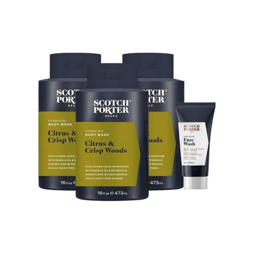 Scotch Porter Hydrating Body Wash for Men | Citrus & Crisp Woods | 3 Pack ( plus free 1 oz Face Wash ) | Free of Parabens, Sulfates & Silicones | Vegan | 16 Fl oz x 3 Bottles