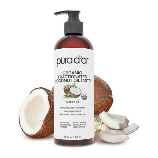 PURA D'OR 16 Oz ORGANIC Fractionated Coconut Oil - MCT Oil - 100 % Pure & Natural USDA Certified Cold Pressed Carrier Oil - Unscented, Hexane Free Moisturizer For Face, Skin & Hair Tonic - Men & Women