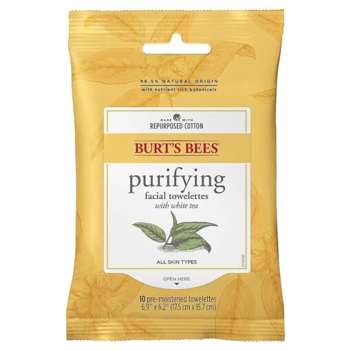 Burt 's Bees Purifying Facial Cleanser Towelettes and Makeup Remover Wipes with White Tea for All Skin Types, Made with Repurposed Cotton, 10 Count