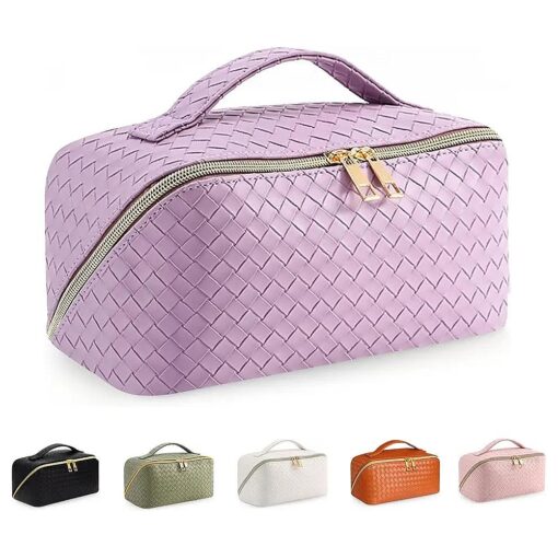 Travel Cosmetic Bag Large Capacity Make Up Bag PU Leather Waterproof Portable with Handle and Divider Multifunctional Bag ( Purple-braid )