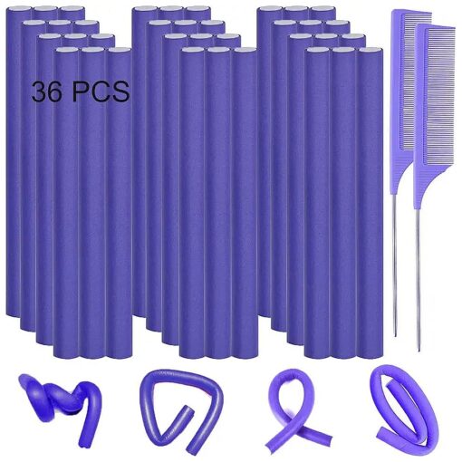 36PCS 9.45" Flexible Curling Rods, Flexi-Rods Hair Curlers Rollers, Flexible Hair Rollers Curlers, Foam Flexible Twist Hair Rollers No Heat Long Short Hair Women & 2 Steel Pintail Comb Rat Tail Combs