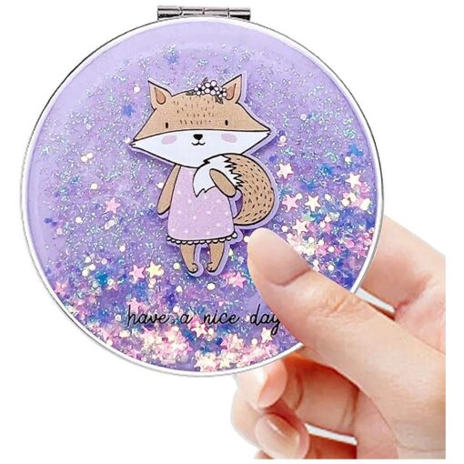 Compact Mirror, Pocket Mirror, Acedada Portable Travel Makeup Mini Mirror with Bling Quicksand, Small Mirror for Purse Folding 2-Sided 1x/2x Magnifying Compact Mirror for Women Girls Gift - Purple fox