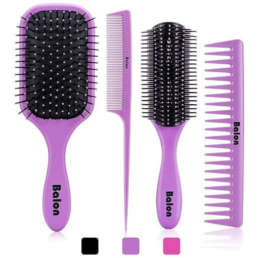 4Pcs Hair Brushes for Women, Hair Comb for Women and Detangling Paddle Brush, Great On Wet or Dry Hair, No More Tangle Hair Brush Set for Straight Long Thick Curly Natural Hair ( Purple )