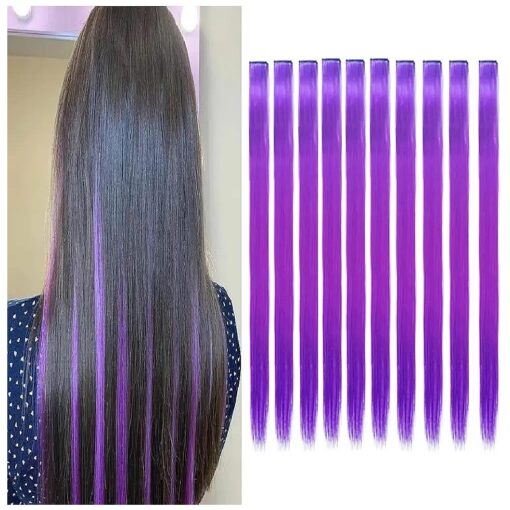 10pcs Colored Clip in Hair Extensions 22 Inch Purple Hair Extensions Straight Purple Hairpieces for Girls Women Kids Party