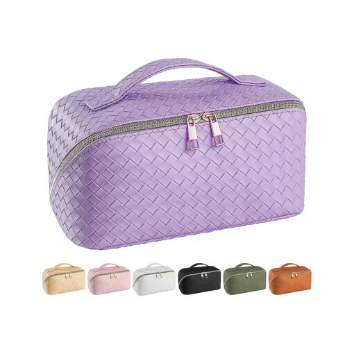 Large Capacity Travel Cosmetic Bag - Makeup Bag, PU Leather Waterproof Cosmetic Bags, Women Portable Travel Makeup Bag With Handle and Divider Flat Lay make up bag ( Purple )