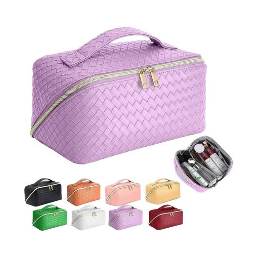 ZAUKNYA Large Capacity Travel Cosmetic Bag - Makeup Bag, Portable Leather Waterproof Women Travel Makeup Bag Organizer, with Handle and Divider Checkered Cosmetic Bags ( Purple )