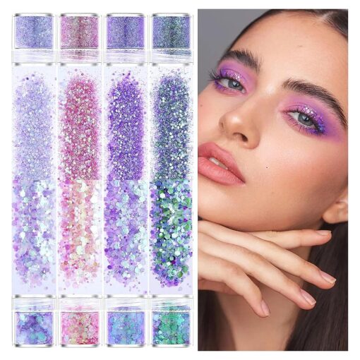 8 Jars Mermaid Purple Cosmetic Chunky Glitter Set, Holographic Nail Resin Glitter, Fine Powder+1mm+2mm+3mm Sequins Flakes, Iridescent Art Glitter Set for Body Face Eyes Hair Crafts