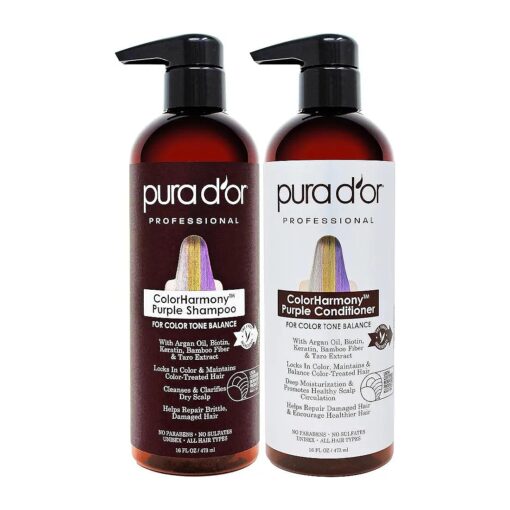 PURA D'OR Purple Shampoo & Conditioner ( 16oz x 2 ) ColorHarmony Biotin Set For Bleached, Blonde, Silver & Color Treated Hair - Keratin, Bamboo Fiber, No Sulfates - Men & Women