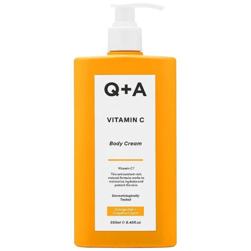 Q+A Vitamin C Body Cream, with ingredients that promote moisturisation by mirroring the makeup of your skin, brighten skin, even out skin tone, and boost collagen, 250ml