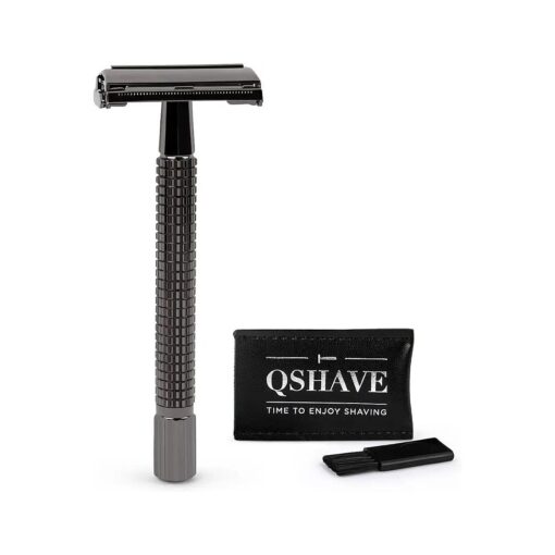 QSHAVE Butterfly Open Long Handle Double Edge Safety Razor for Men or Women, Nostalgic ( 1 Razor + Leather Protective Sleeve + 5 pcs Titanium Coated Blades )