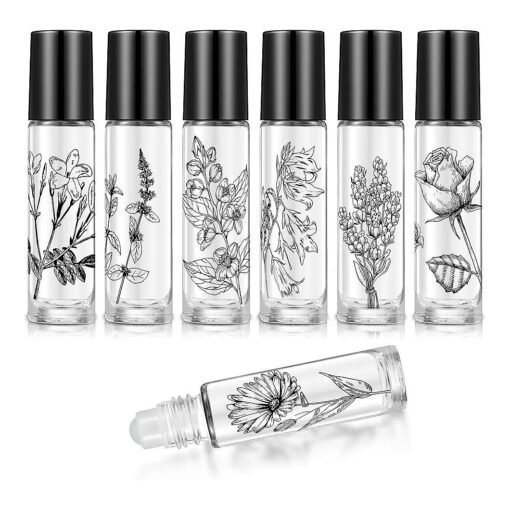 10 Pieces Essential Oil Roller Bottles 10 ml Empty Roller Bottles for Essential Oils Lip Oil, Glass Refillable Oil Container Printed with Patterns