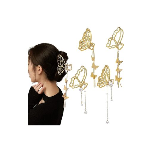 4 PACK Metal Big Gold Butterfly Hair Clips Clamp Tassel Nonslip Claw Hair Accessories for Women Girls for Thinner Thick Styling Fashion Hair Supplies