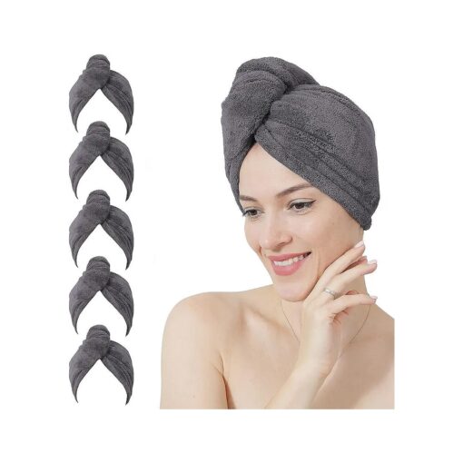 MOONQUEEN 5 Pack Hair Towel - Thicken 380GSM - Super Absorbent Quick Dry Hair Turban for Drying Curly Long Thick Hair Dark Grey