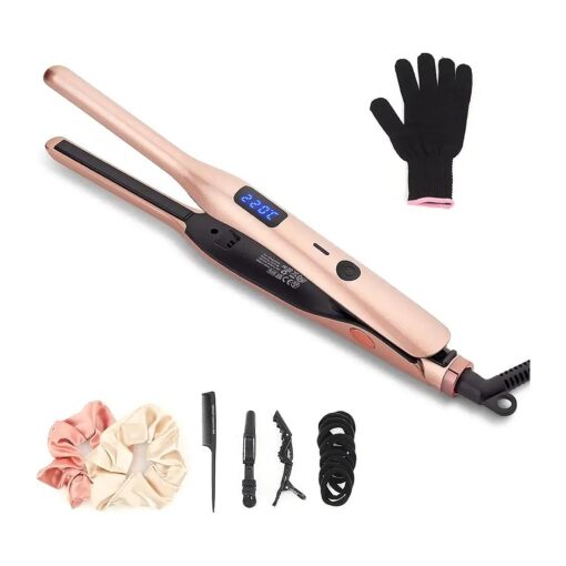 Pencil Flat Iron for Short Hair, Pro Straightener and Curler 2 in 1 Ceramic Mini Small Flat Iron for Short Hair, Beards & Pixies, 3/10Inch Straightener Iron for Men 's Quick Grooming Gift - Rose Glod