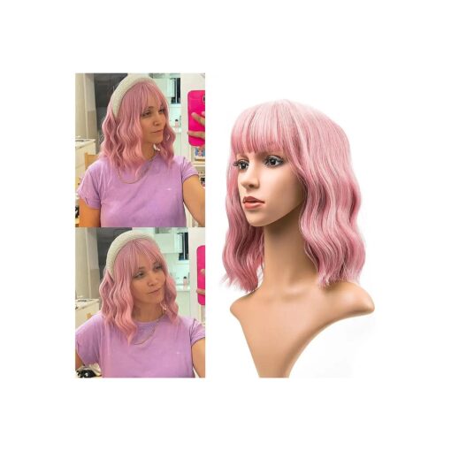 Netgo Pink Wig for Women, Short Pink Wig with Bangs, Natural Wavy Wigs Heat Resistant Synthetic Womens Wigs Daily Party Cosplay Wig