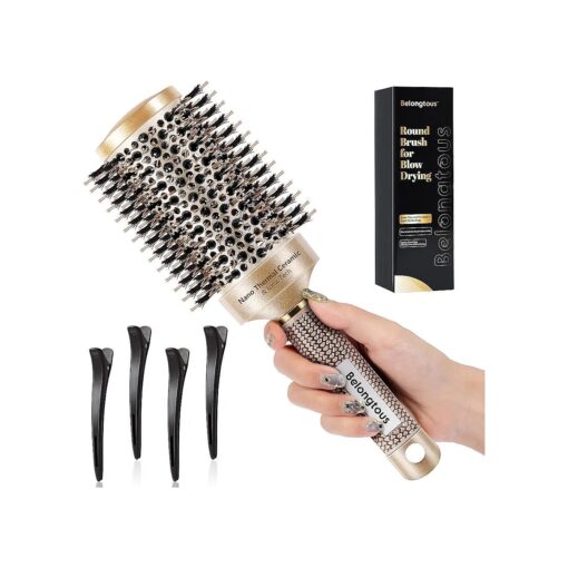 Round Brush, Nano Thermal Ceramic & Ionic Tech Round Barrel Boar Bristles Hair Brush, Roller Brush for Blow Drying, Curling, Straightening and Hair Styling, 4 Free Clips ( 2.1 Inch, 53mm )