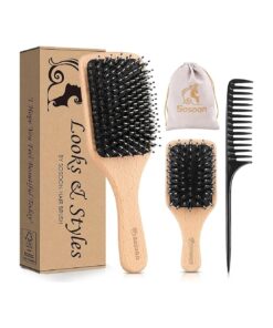 Hair Brush, 2 Pack Boar Bristle Paddle Hairbrush for Women Men Kids Reducing Frizzy, No More Tangle, Small Travel Brush Tail Comb & Giftbox Included