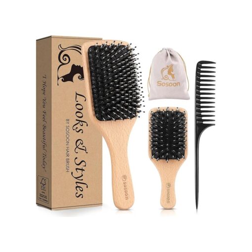 Hair Brush, 2 Pack Boar Bristle Paddle Hairbrush for Women Men Kids Reducing Frizzy, No More Tangle, Small Travel Brush Tail Comb & Giftbox Included