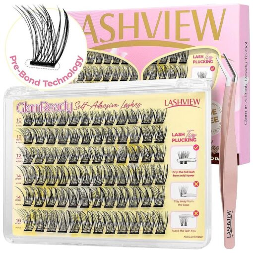 LASHVIEW Self Adhesive Lash Clusters Eyelashes, Press-on Lashes 10-16mm Individual Lash Extension Kit with Lash Tweezers, No Glue Needed Natural Self Adhesive DIY Eyelash Extension Kit 60pcs ( A01 )