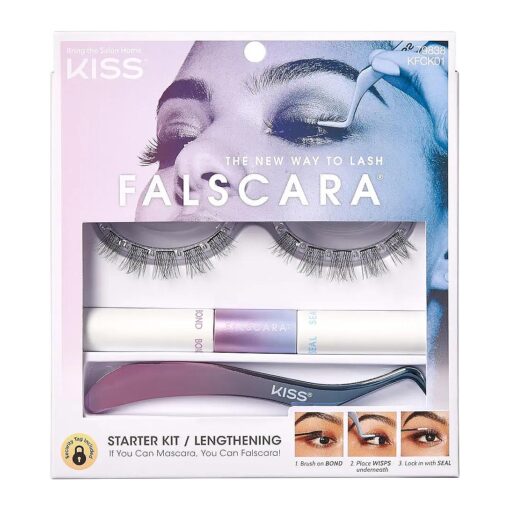 KISS Falscara DIY Lash Extension Starter Kit 10 Reusable Featherlight Eyelash Lengthening Wisps, Applicator, Bond & Seal