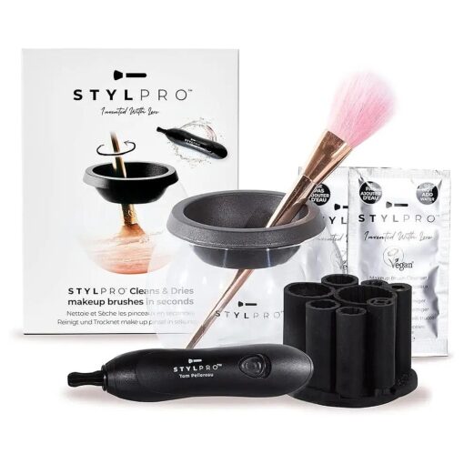 STYLPRO Original Gift Set Kit : Electric Makeup Brush Cleaner and Dryer Machine with 8 Brush Collars, Brush Cleanser - Fast, Automatic Spinning Brush Cleaner with Heat-Resistant Bowl