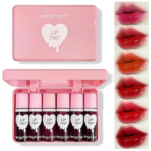 6 Colors Lip Tint Stain Set, Korean Plumping Lip Gloss Watery Lip Stain, Multi-use for Mini Liquid Lipstick & Cheek Tint, Non-Sticky & Long Lasting Vivid Color