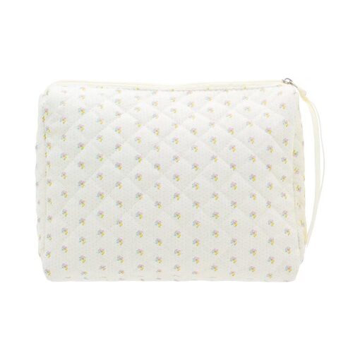 PAZIMIIK Cotton Makeup Bag for Women Large Quilted Travel Cosmetic Pouch Girls ' Make Up Organizer, Little Flower White