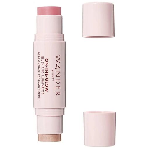 Wander Beauty On-the-Glow Blush and Illuminator - Petal Pink/Nude Glow - 7-in-1 Hydrating Cream Blush & Highlighting Stick - Stick Blush for Cheeks, Lip, & Body - Highlighter Makeup & Blush - 0.4 oz