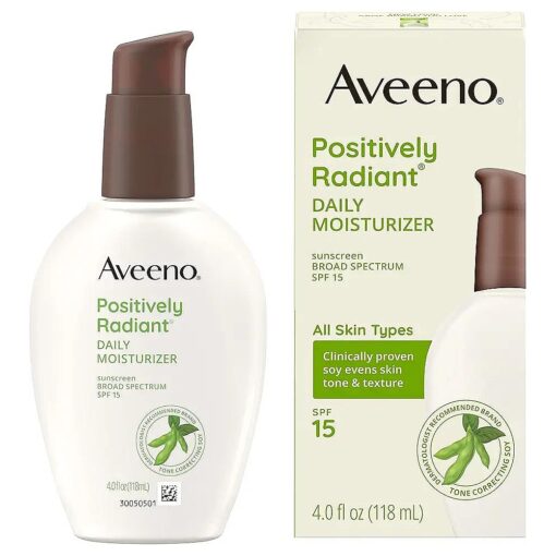 Aveeno Positively Radiant Daily Facial Moisturizer with Broad Spectrum SPF 15 Sunscreen & Soy, Improves the Look of Skin Tone & Texture, Hypoallergenic, Oil-Free, Non-Comedogenic, 4 fl, oz