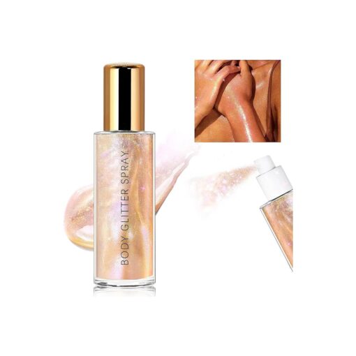 Body Glitter Spray, Moisturizing Bronze Body Shimmer Luminizer Glow Illuminator Quick-Drying and Non-Sticky Glitter Spray Liquid Highlighter Spray for Face Hair Body Glitter, 60ML -Rose Gold