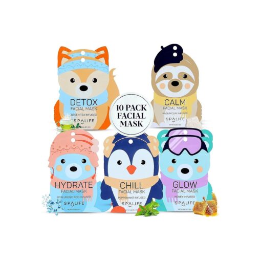 SpaLife Snow Buddies Facial Mask 10 Pack - Hydrating Character Sheet Masks for Women, Moisturizing Skincare Variety Set for Glowing Skin - Korean Facial Mask Spa Treatment with Natural Ingredients