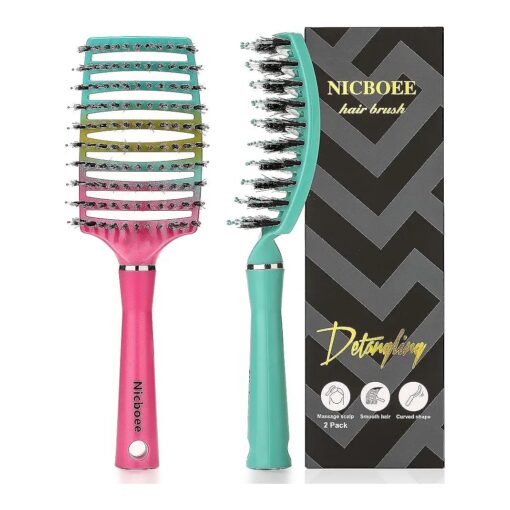 Voremy Magical Brush Detangler, Hairstreaq Detangling Brush, Curved Vented Hair Brush for Fast Blow Drying, Nicboee Boar Bristle Detangler Brush for Women Men Kids Wet and Dry Hair ( 2Pk, Rainbow & Aqua )